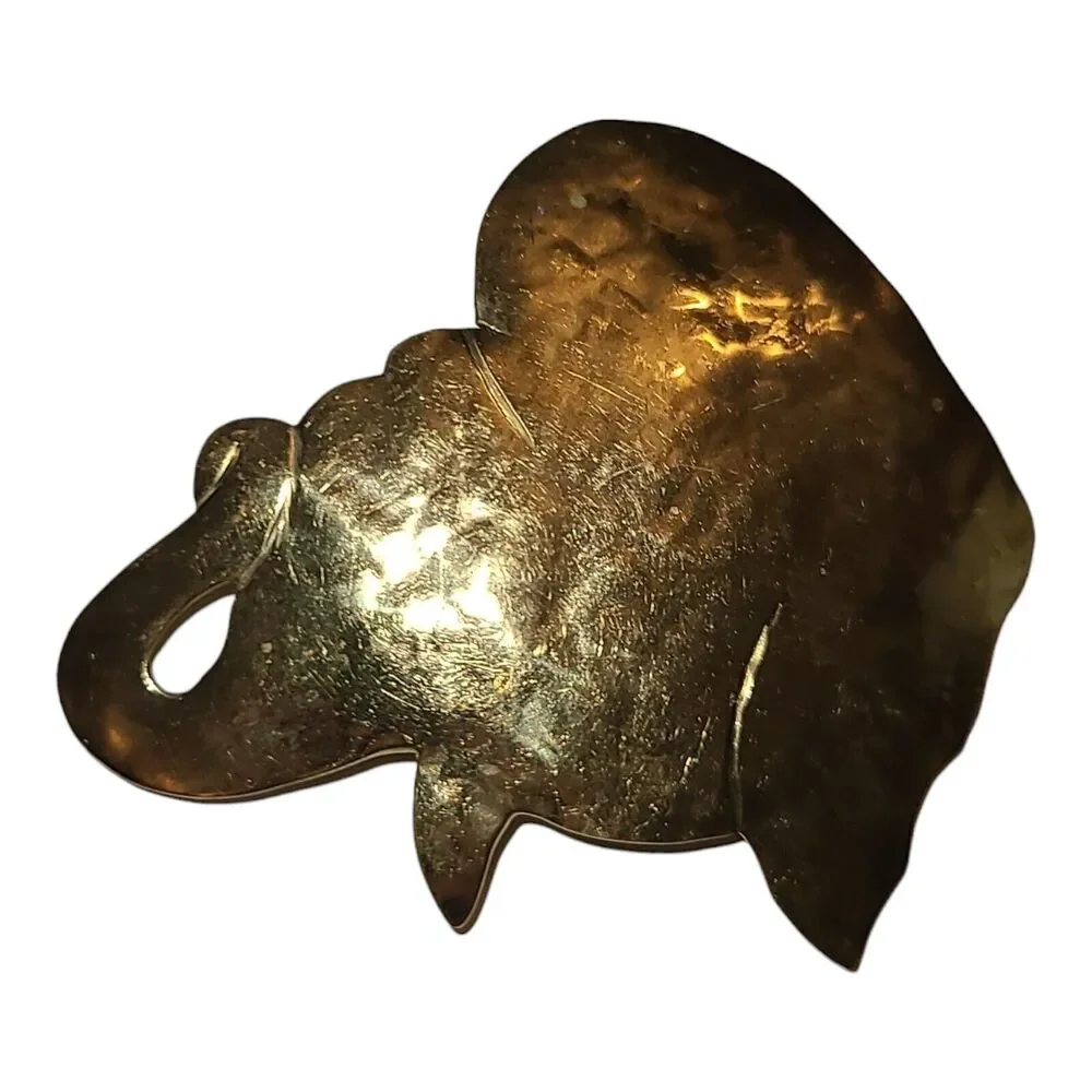 Vintage Modernist Gold Tone Elephant Stretch Belt Buckle Artisan Signed Trunk Up